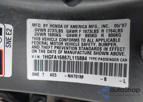 2007 Honda Civic Ex from USA, damaged, VIN 1HGFA16867L115884